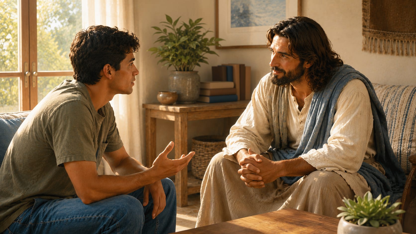 Jesus Christ sitting in a sunlit living room, listening as a young man talks with his hands.
