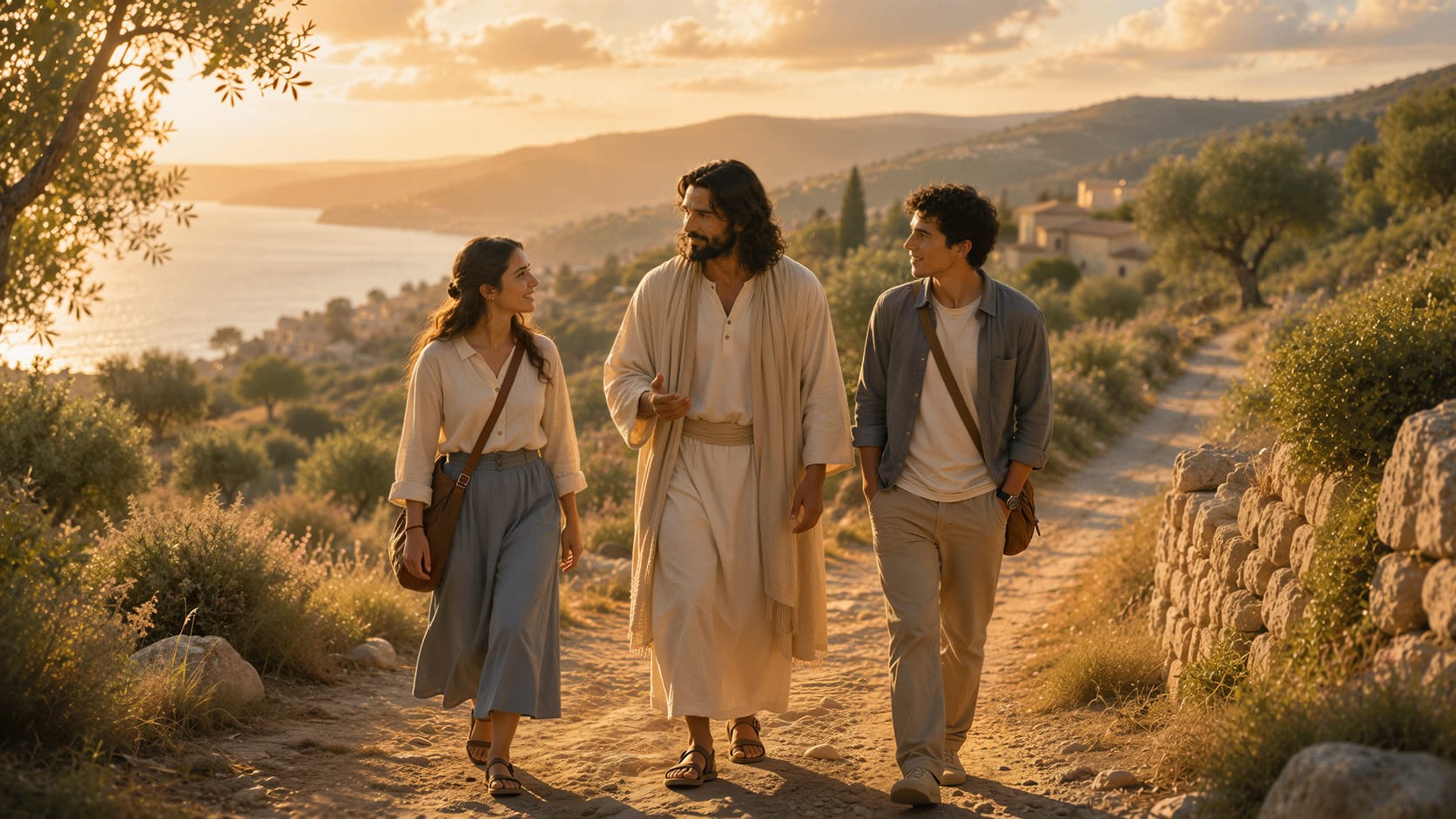 Jesus Christ walking a hillside path at sunset with a young woman and a young man, a bay and a village below them.