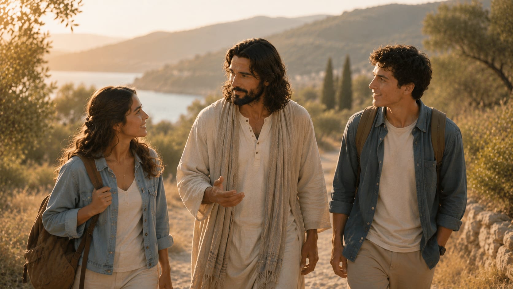 Jesus Christ walking a hillside path at sunset, talking with a young woman and a young man.