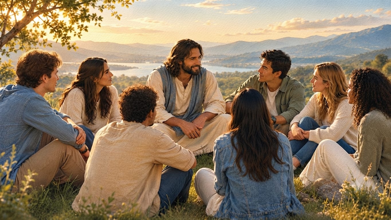 A painting of Jesus Christ sitting on a hillside above a bay at golden hour, talking with six young adults gathered around him.