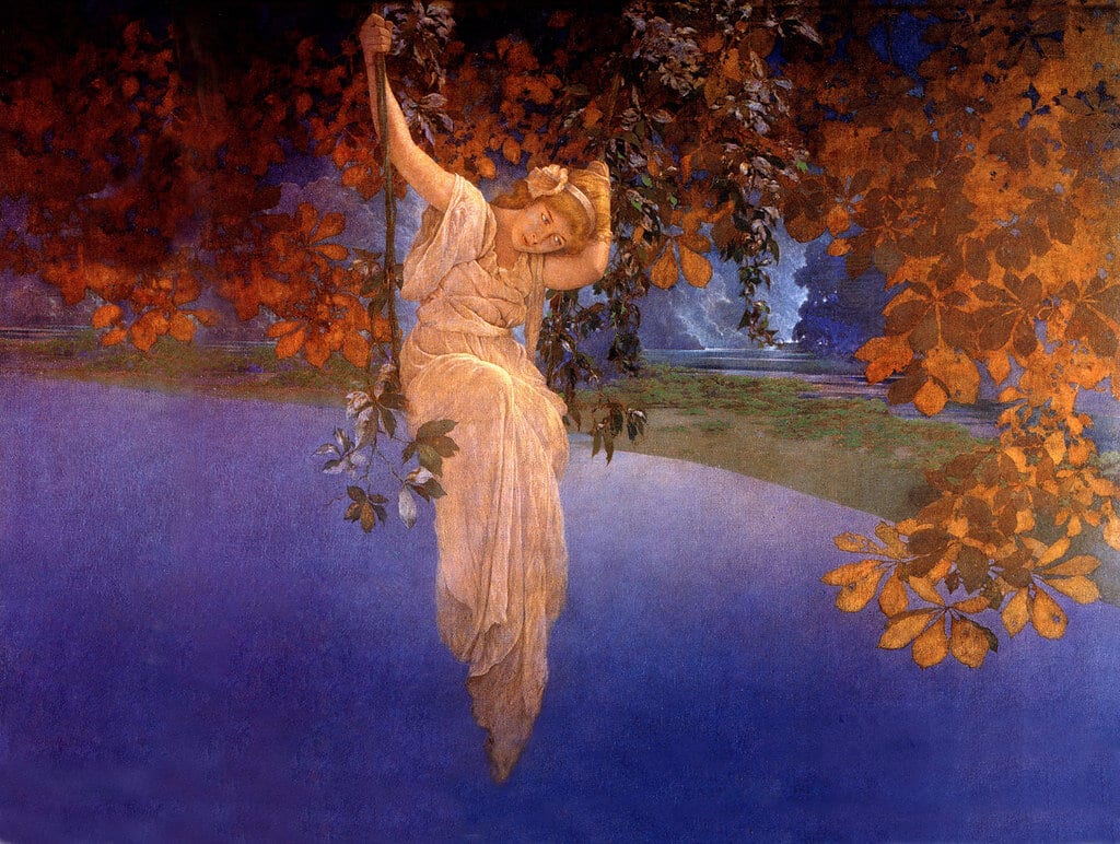 “Reveries”, 1913: a woman in a pale gown stands at the edge of a deep blue lake, reaching up into a canopy of copper autumn leaves.