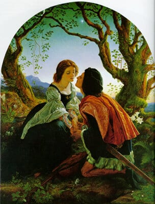 “Hesperus, the evening star, sacred to lovers” by Joseph Noel Paton, 1857: a kneeling knight and a standing woman lean towards each other beneath an arch of trees, the evening star showing in the sky between them.
