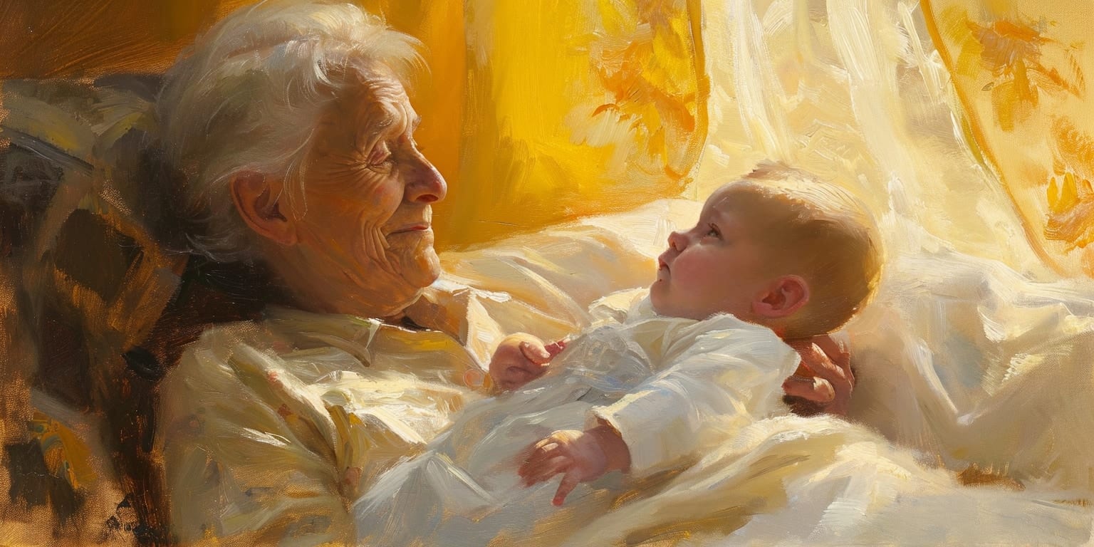 A painting of a white-haired grandmother lying face to face with a baby on golden bedding, the two of them looking at each other.