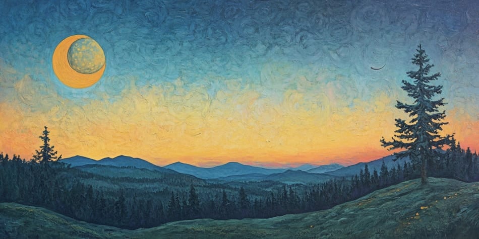 A painted landscape at dusk: a crescent moon over layered blue ridges and dark pine forest, with a single tall pine on a grassy rise in the foreground.