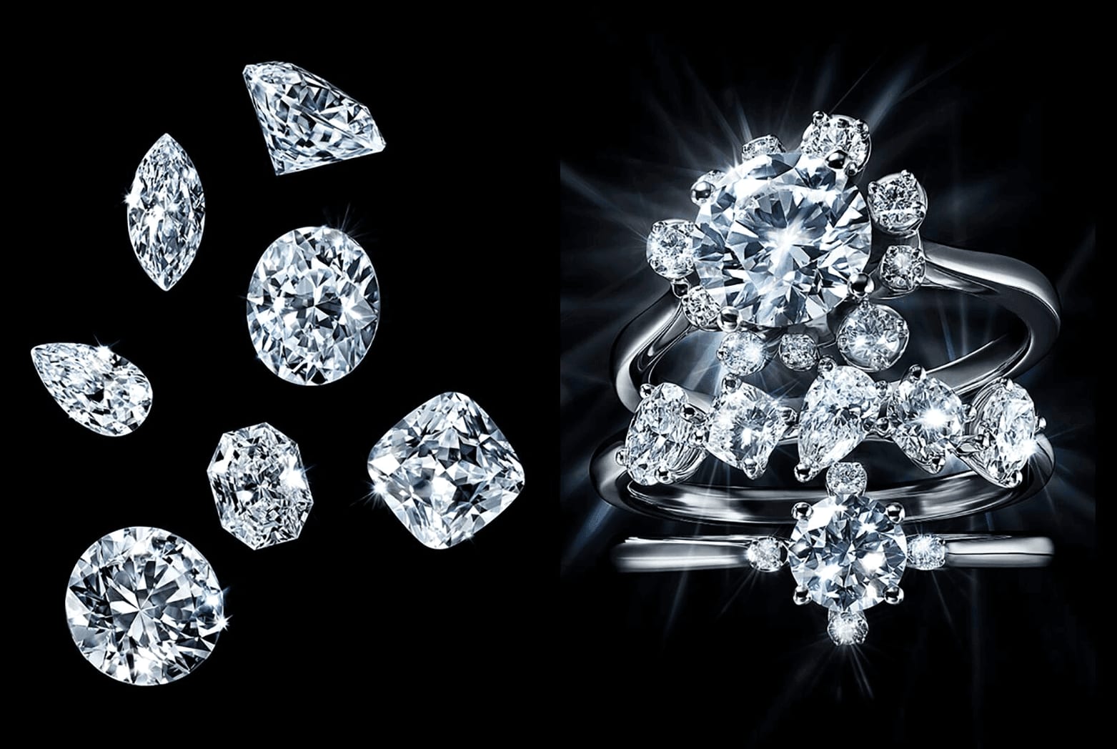 Loose cut diamonds on a black background beside a stack of diamond rings