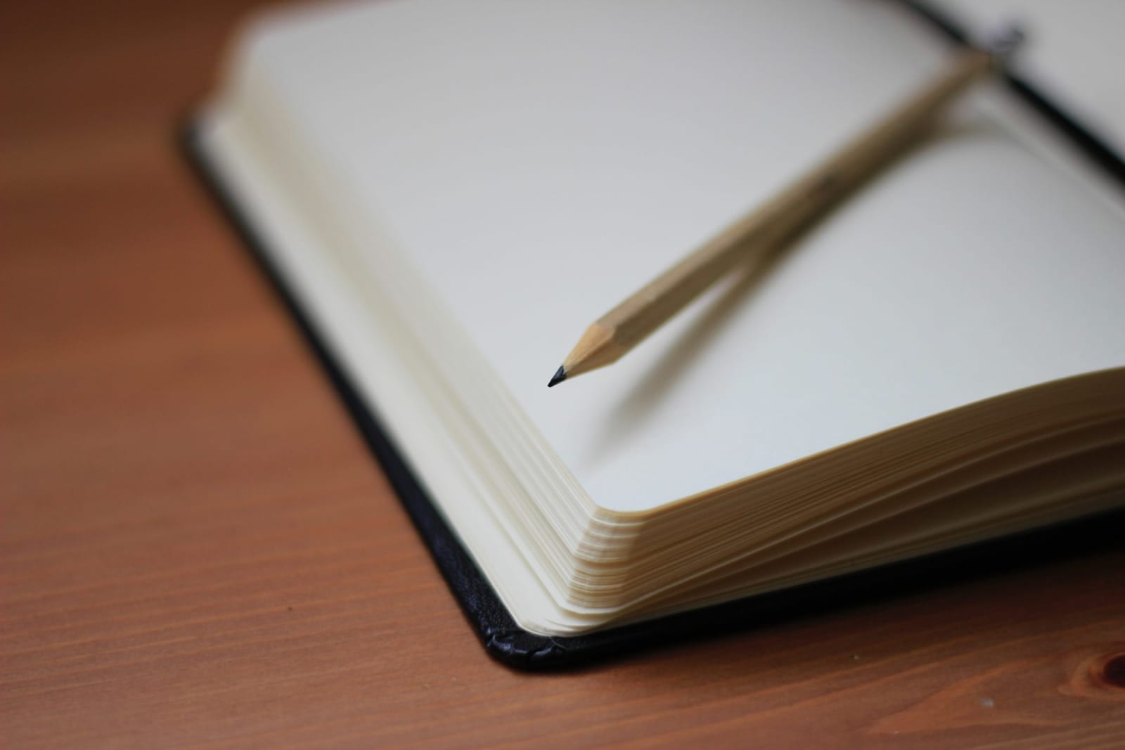 An open notebook with blank pages and a sharpened pencil resting across it