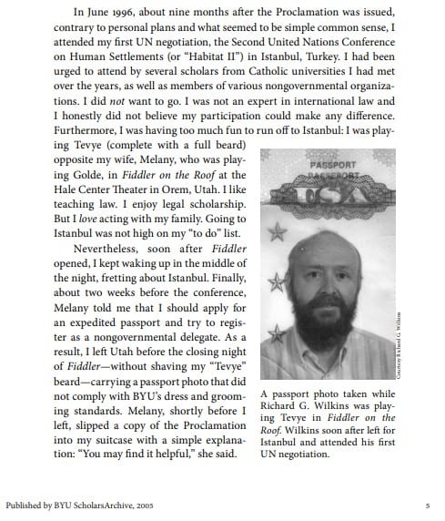 A scanned page from a BYU ScholarsArchive article in which Richard G. Wilkins describes being urged to attend the 1996 Habitat II conference in Istanbul, mid-run of Fiddler on the Roof, beside the passport photograph taken while he still wore his Tevye beard.